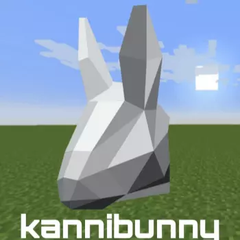 Ein Low Poly-Hasen Kopf schwebt über einer Minecraft Flachland Welt mit dem Text 'Kannibunny'